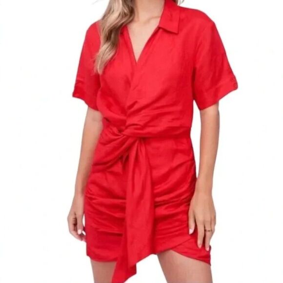 En Saison Dresses & Skirts - EN SAISON Red Linen Draped Asymmetrical Mini Dress Size M